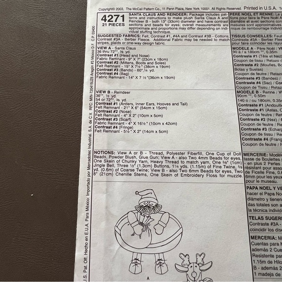 McCall's Sewing Craft Pattern 4271 Cynthia Rose Plush Santa Claus Reindeer Felt - Picture 3 of 5